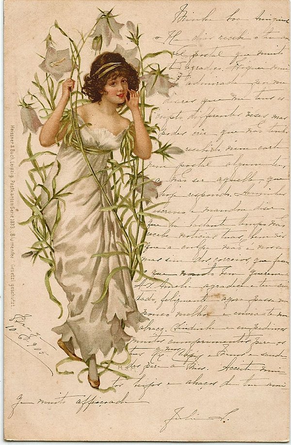 Cartão Postal Antigo Original, Art Nouveau Ilustrado, Figura de Mulher Ornada com Flores, Circulado em 1905
