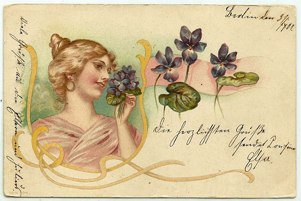 Cartão Postal Antigo Original, Ilustrado Art Nouveau, Mulher em Meio a Flores, Circulado em 1901