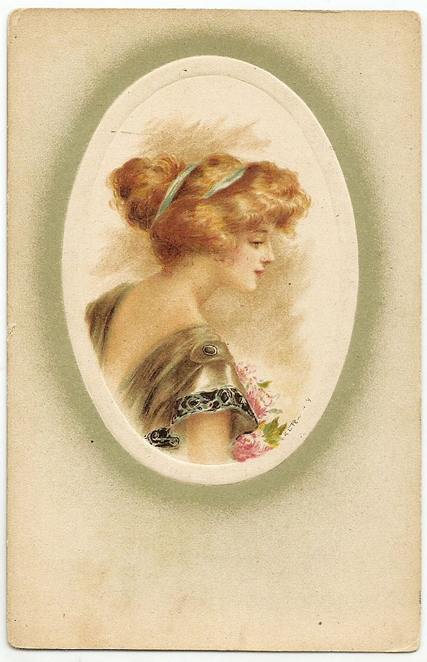 Cartão Postal Antigo Original, Ilustrado com Figura de Mulher Emoldurada, Não Circulado