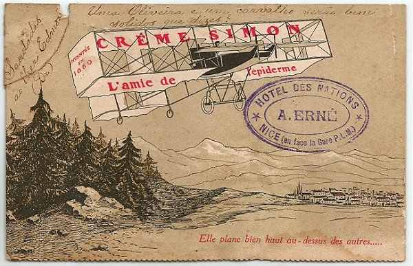 Cartão Postal Antigo Original, Publicitário Ilustrado com Imagem do Avião 14 Bis, Circulado 1910