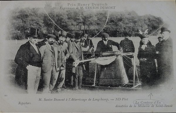 SANTOS DUMONT e PRINCESA ISABEL / Brasil Império - Cartão Postal Antigo Original, Aterrissagem em Longchamp, Circulado em 1901