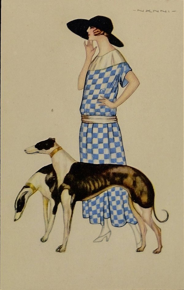 Cartão Postal Antigo Original da Década de 20, Ilustrado por Nanni, Mulher, Dama com Cachorros Raça Whippet - Não Circulado