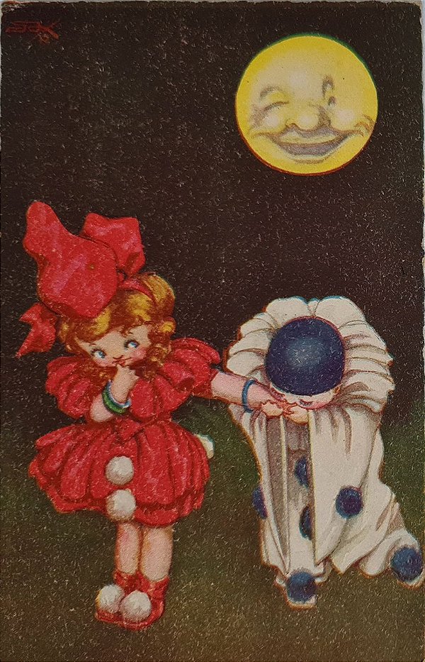 Cartão Postal Antigo Original, Ilustração Infantil, Pierrot e Colombina sob a Lua