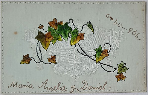 Cartão Postal Antigo Floral, Ramo de Hera Sobre Renda, Original de 1906