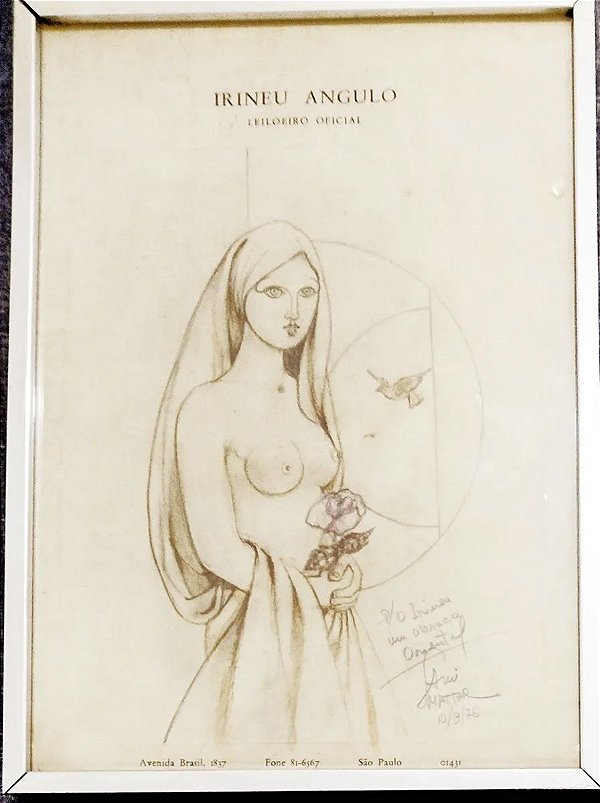 Sami Mattar - Desenho Assinado, Mulher com Flor e Pássaro, Com Certificado