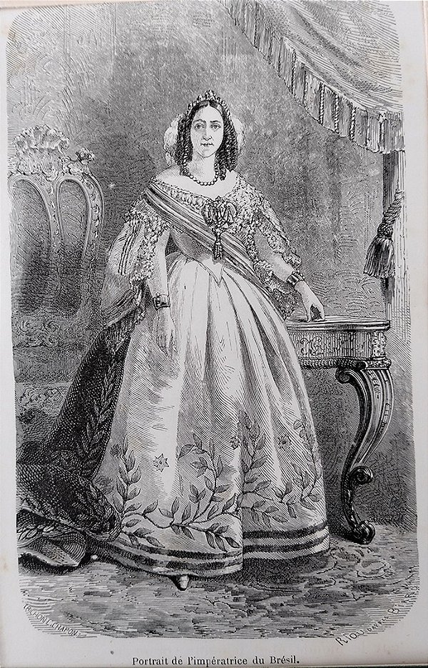 Brasil Império - Imperatriz do Brasil de 1842 a 1889 , Teresa Cristina das Duas Sicílias,– Gravura original de 1862 de Edouard Riou