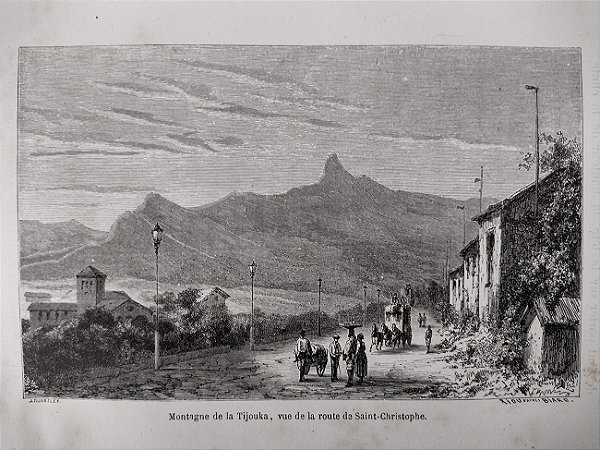 Brasil Império - Rio de Janeiro – Montanha da Tijuca, vista da estrada de São Cristóvão. Gravura original de 1862 de Edouard Riou