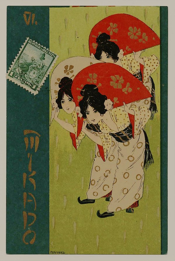 Raphael Kirchner - Cartão Postal Antigo Ilustrado, Série Mikado n. VI, Mulheres com Leque