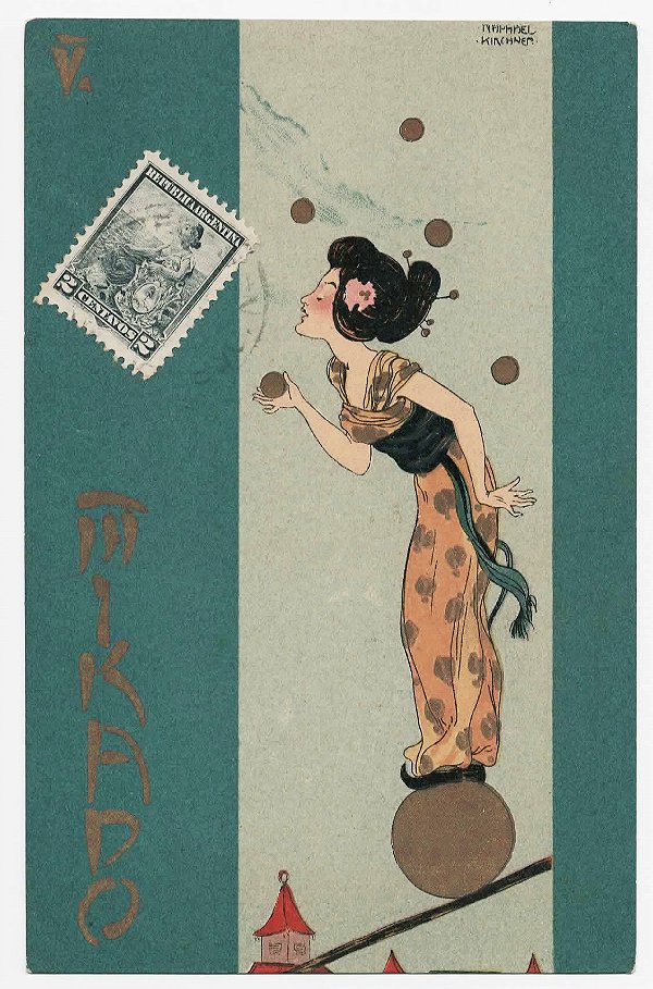 Raphael Kirchner - Cartão Postal Antigo Ilustrado, Série Mikado V, Mulher Malabarista