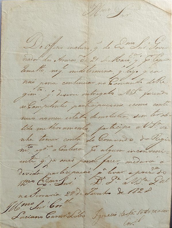 Brasil Império - Carta de 1828 assinada pelo Coronel Ignácio de Sá Sotto Maior