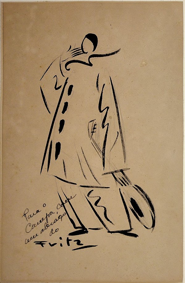 Fritz – Caricatura, desenho a nanquim original, dedicado e assinado pelo artista Anísio Oscar Mota - Fritz