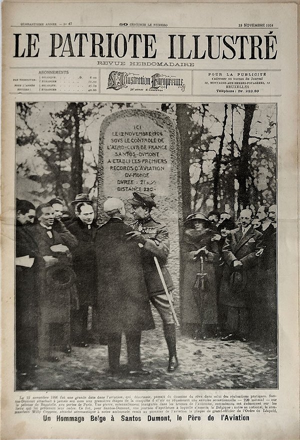 Santos Dumont – Uma Homenagem Belga ao Pai da Aviação. Jornal Le Patriote Illustré de Novembro de 1924