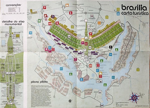 Brasilia – Mapa Antigo de 1975, frente e verso - Eixo Monumental e Plano Piloto