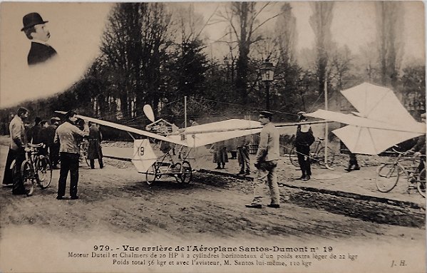 Santos Dumont e seu Aeroplano numero 19, com motor Duteil & Chalmers, Cartão Postal antigo original com efígie do aviador,