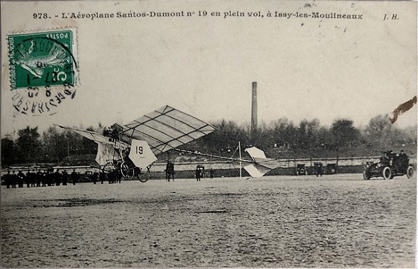 Aviação - Santos Dumont e Aeroplano Nr. 19 em Pleno Voo, - Cartão Postal Antigo Original, Circulado