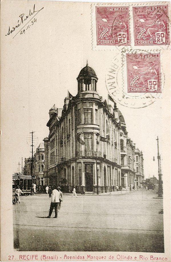 Pernambuco – Recife – Avenidas Marquez de Olinda e Rio Branco. Cartão Postal antigo original