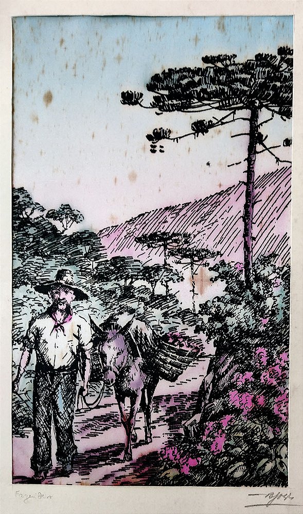 C. B. Jorge – Paraná – Antiga Serigrafia sobre seda titulada `Fazendeiro`