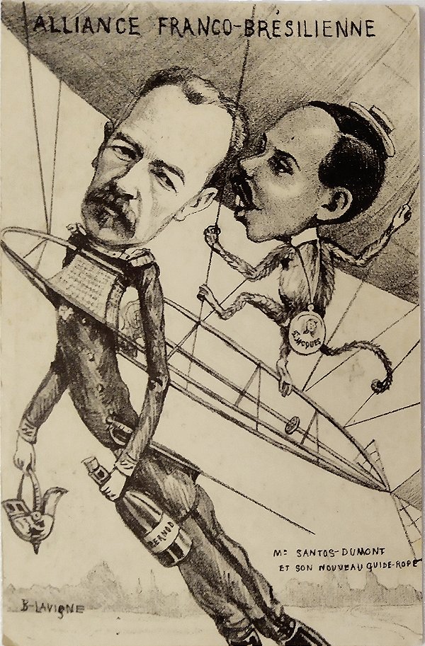 Aviação - Santos Dumont - Caricatura do Aviador em seu Dirigível - Cartão Postal Antigo Original