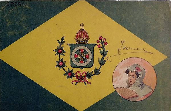 Brasil Império - Bandeira do Brasil com Brasão da Família Imperial - Cartão Postal Antigo, Original da época
