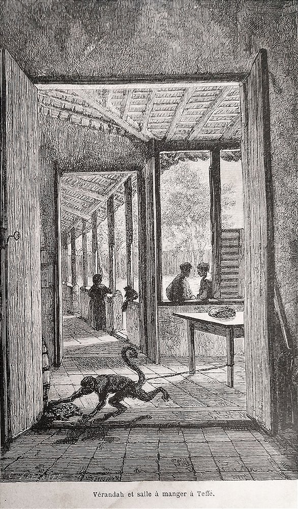 Amazonas - Gravura original de 1869, "Varanda e Sala de Refeições em Teffé", assinada por C. Laplante