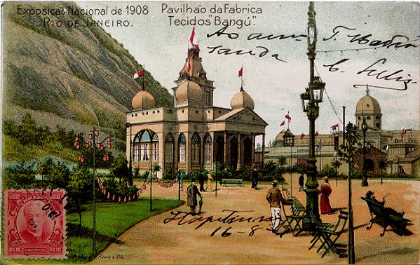 Rio de Janeiro - Exposição Nacional de 1908 - Pavilhão da Fábrica Tecidos Bangú - Cartão Postal Litográfico Antigo
