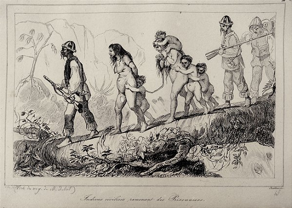 Brasil Império - Gravura original de 1837, titulada Índios Civilizados Trazendo de Volta Prisioneiros - 120523