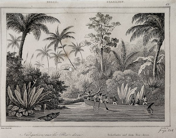 Brasil Império - Minas Gerais – Gravada por Vander Burch - Gravura original de 1837, titulada Navegação no Rio Doce - 120523