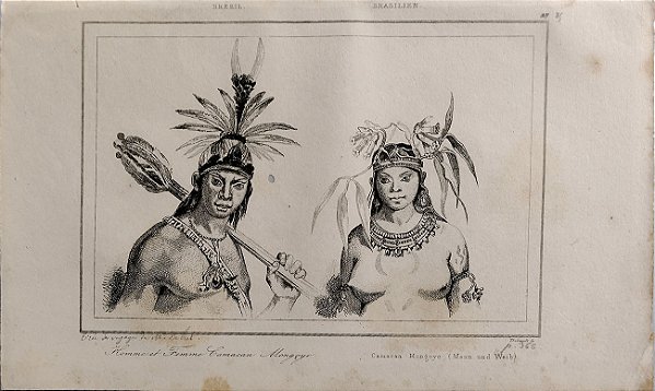 Brasil Império - Bahia - Índios - Gravura de 1837 titulada Homem e Mulher Camacan Mongoyo  - 040423