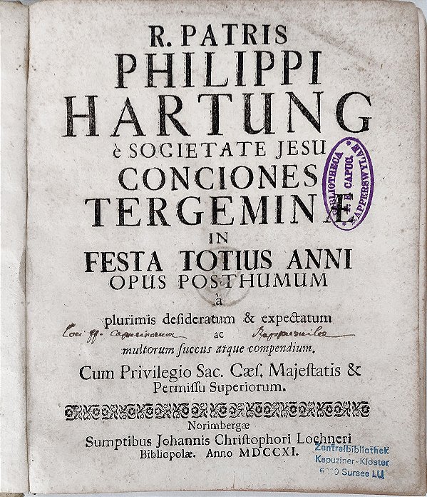 Livro de 1711 do Pregador Jesuíta Philip von Hartung – Religião - Três Sermões Sobre as Festas do Ano Inteiro