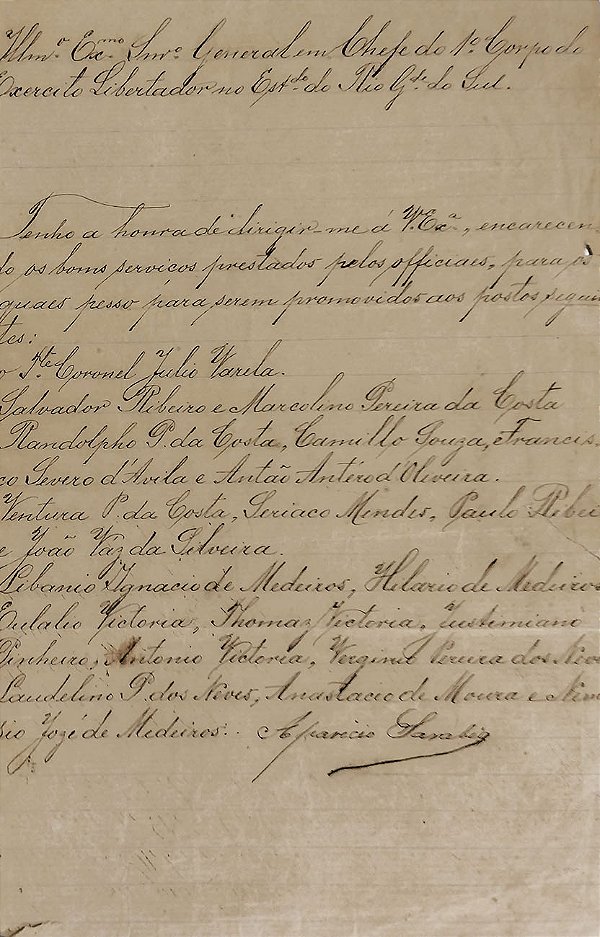 Manuscrito Escrito e Assinado por Aparício Saraiva – Revolução Federalista / Degola