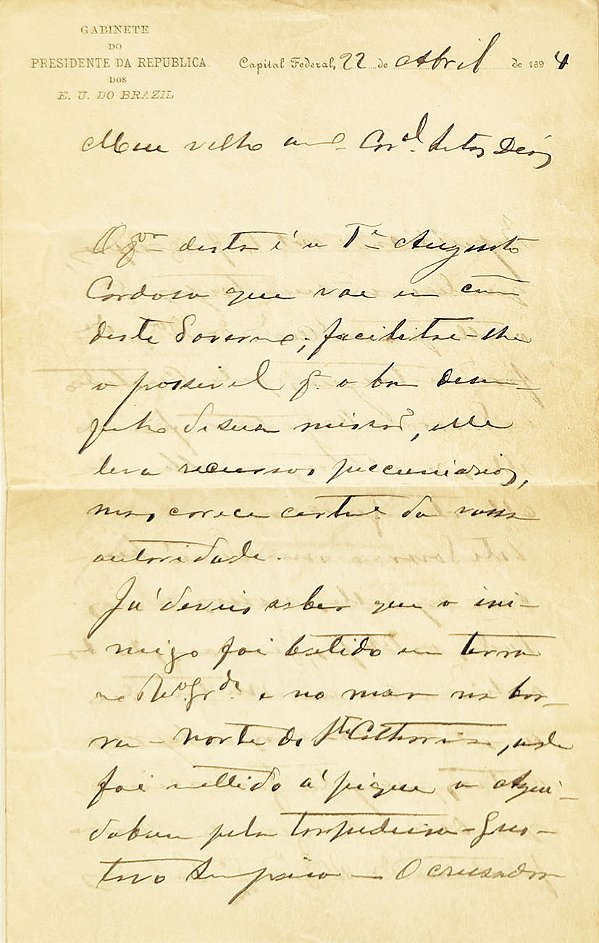 FLORIANO PEIXOTO - Carta de 1894, Escrita e Assinada de Próprio Punho, Revolução Federalista ou Guerra da Degola