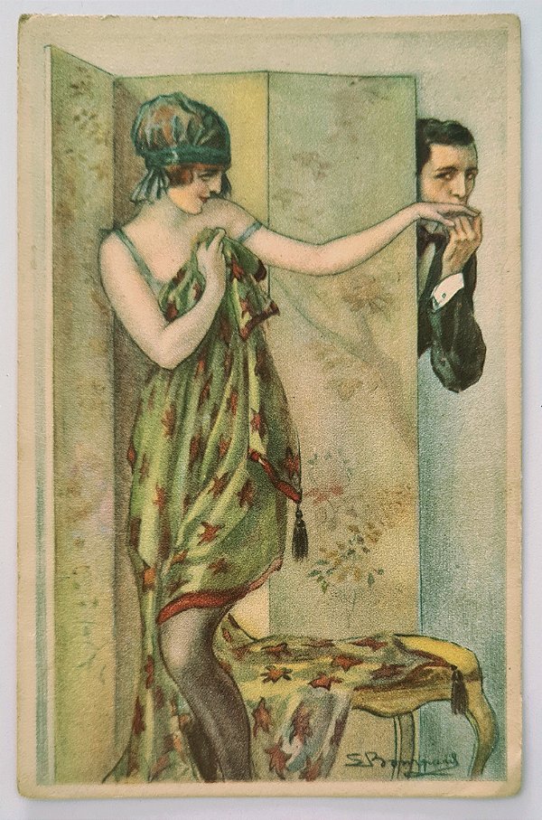 Cartão Postal Ilustrado p/ S. Bompard, Anos 1920 - Homem Beija a Mão de uma Dama