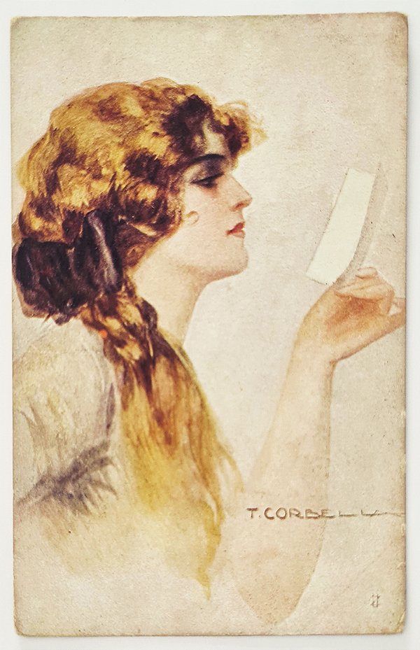 Cartão Postal Antigo Ilustrado p/ Tito Corbella - Jovem Mulher Lendo um Bilhete