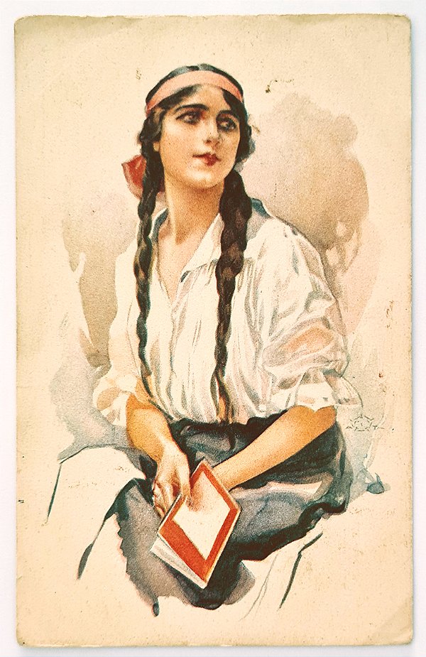 Cartão Postal Antigo Ilustrado  - Jovem Mulher de Tranças com Livro