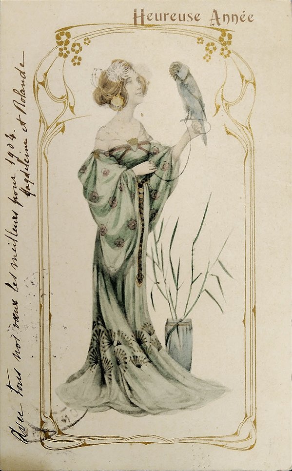 Cartão Postal Antigo Ilustrado, Art Nouveau  - Jovem Mulher com Pássaro