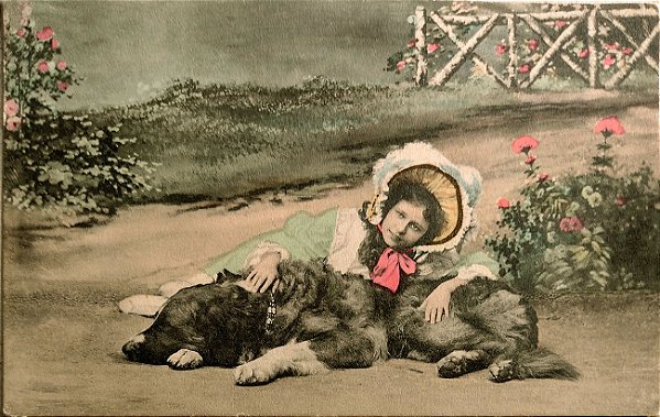Menina e seu Cachorro - Cartão Postal Antigo, Não Circulado