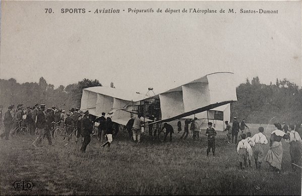 Aviação - Santos Dumont - Preparação para Partida do 14-Bis - Cartão Postal Antigo Original, Não Circulado
