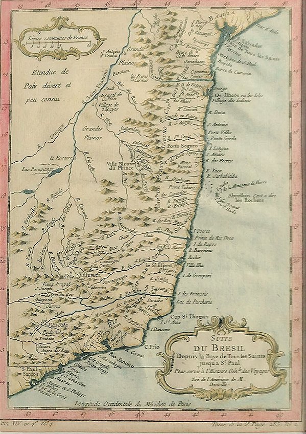 Mapa Suite Du Bresil Aquarelado, Original de 1760 - Bellin - Paris