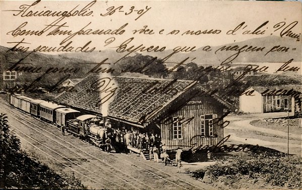 Antonina - Paraná - Estação da Estrada de Ferro, Trem e Passageiros - Cartão Postal Antigo Original, Circulado 1907