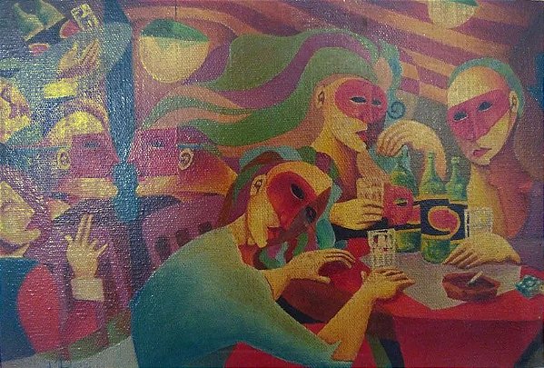 Lu Parreira - Quadro Pintura Óleo Sobre Tela,  Assinado, Noturno Nº 1 Para Cerveja e Conversa