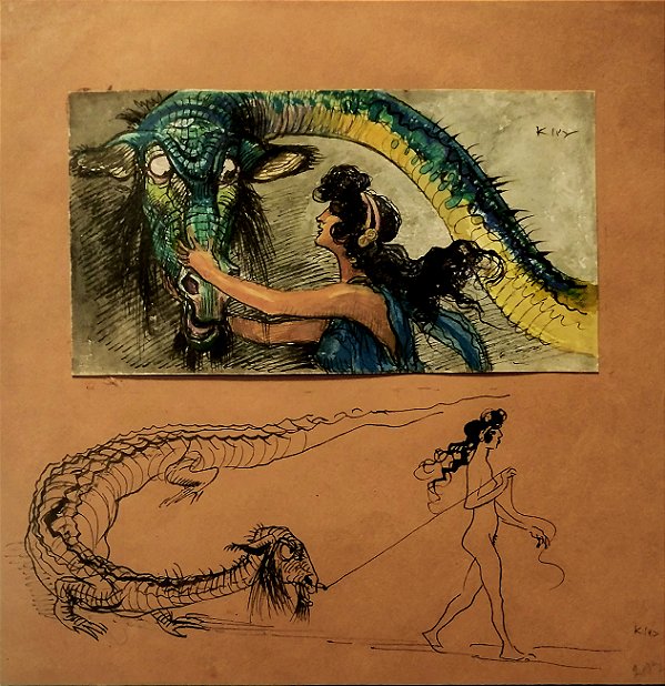 Heinrich Kley  - Composição com 02 Pinturas "Encantadora de Fera",  Artista Alemão Publicado no Simplicissimus e Jugend