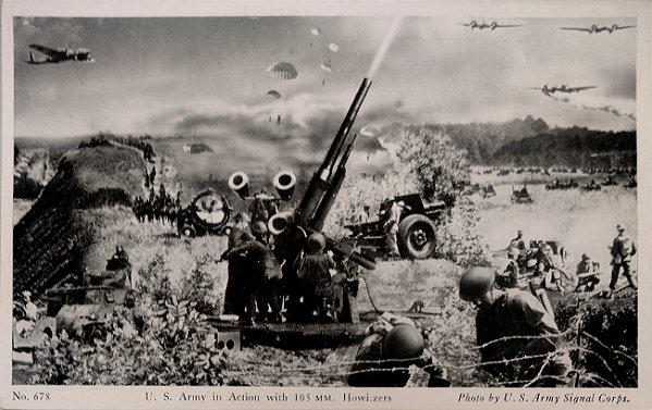 II Guerra - Exército dos EUA em Ação com Obuses de 10,5 mm - Cartão Postal Antigo Original