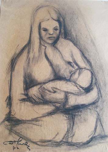Maternidade - Pintura Desenho A Carvão Assinado - 1972