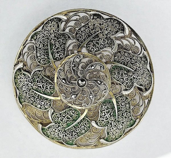Broche em  Ouro e Prata - Vermeil Esmaltado, com Marcassitas - Antigo e Magnífico Trabalho de Joalheria Filigranada