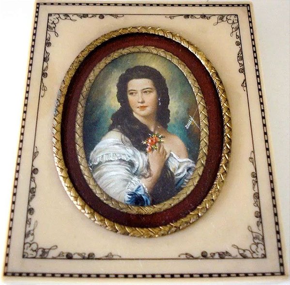 Zuley - Antiga Pintura Miniatura Figura de Dama Assinada,Vidro Bombê