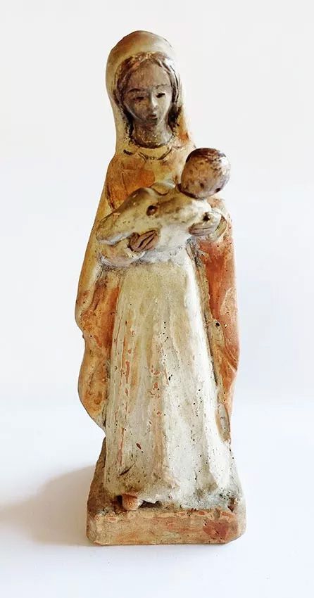 Arte Sacra, Santa - Virgem com Menino Jesus,  Escultura Antiga em Barro Cozido