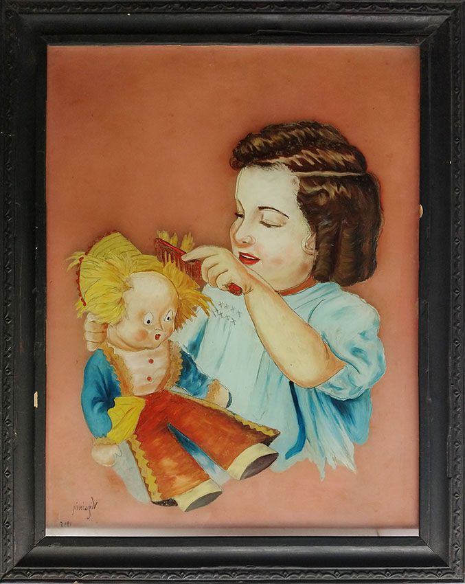 Virginia, Pintura Antiga Sobre Vidro, Menina Penteando Boneca, 1942