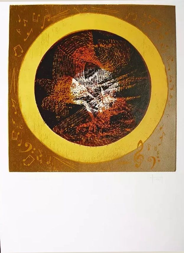 Hannah Brandt - Gravura,  Xilogravura Musical Abstrato, Prova de Artista, 1973