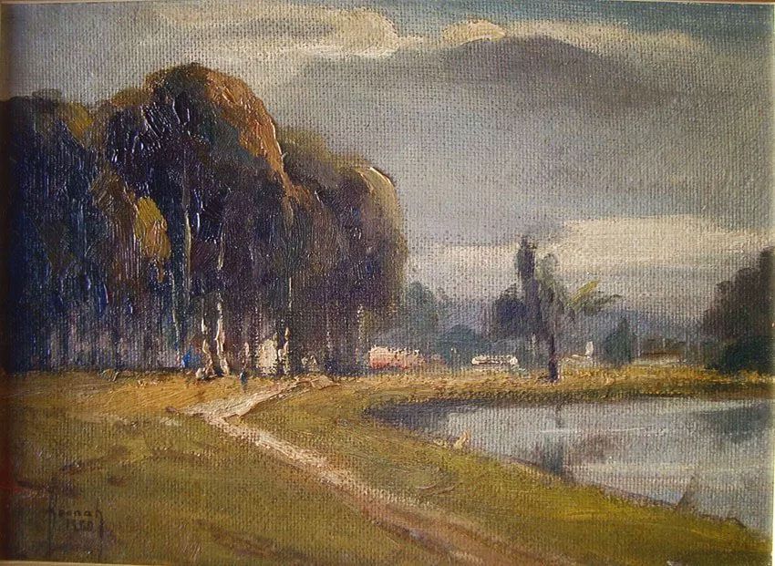 Hannah Brandt - Pintura Paisagem com Lago, Óleo sobre Eucatex, 1960