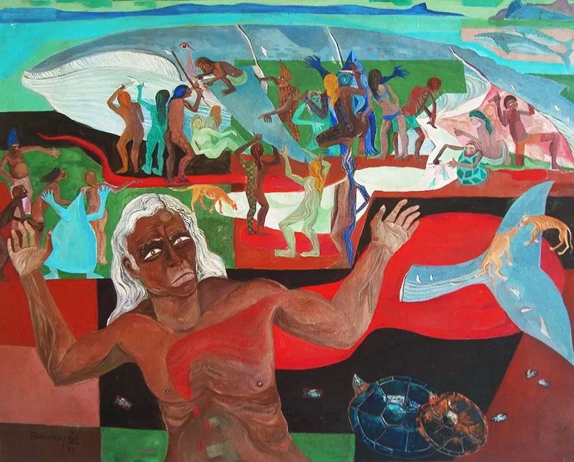 Tio Hok Tjay - Quadro, Pintura Óleo Sobre Tela, Assinado, 1977, Denúncia Caça às Baleias